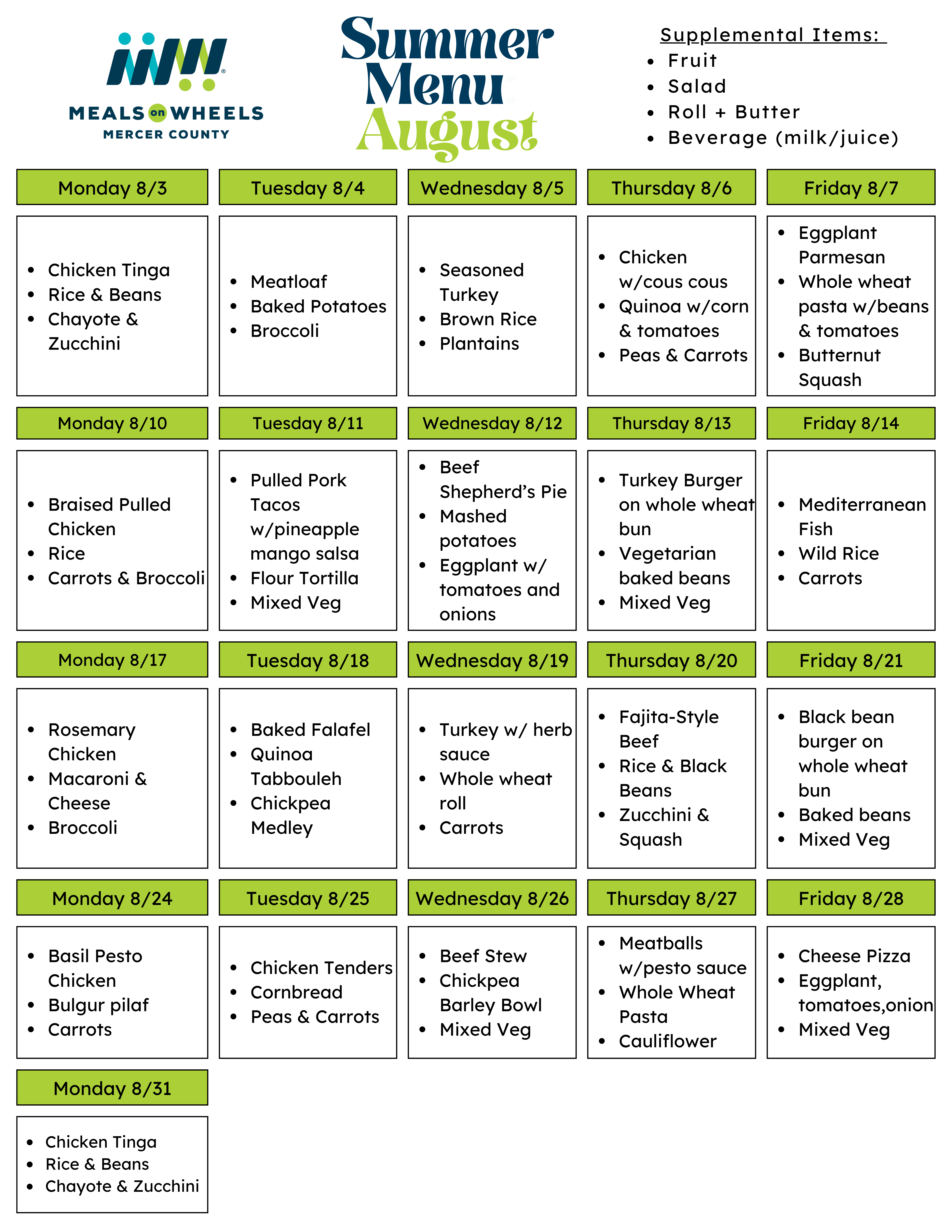 August 2026 menu