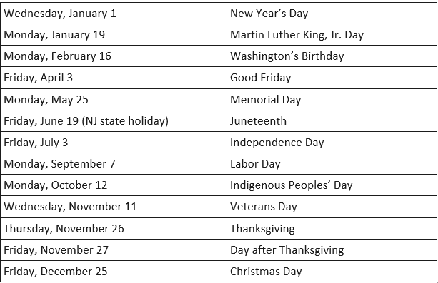 2026 holiday calendar