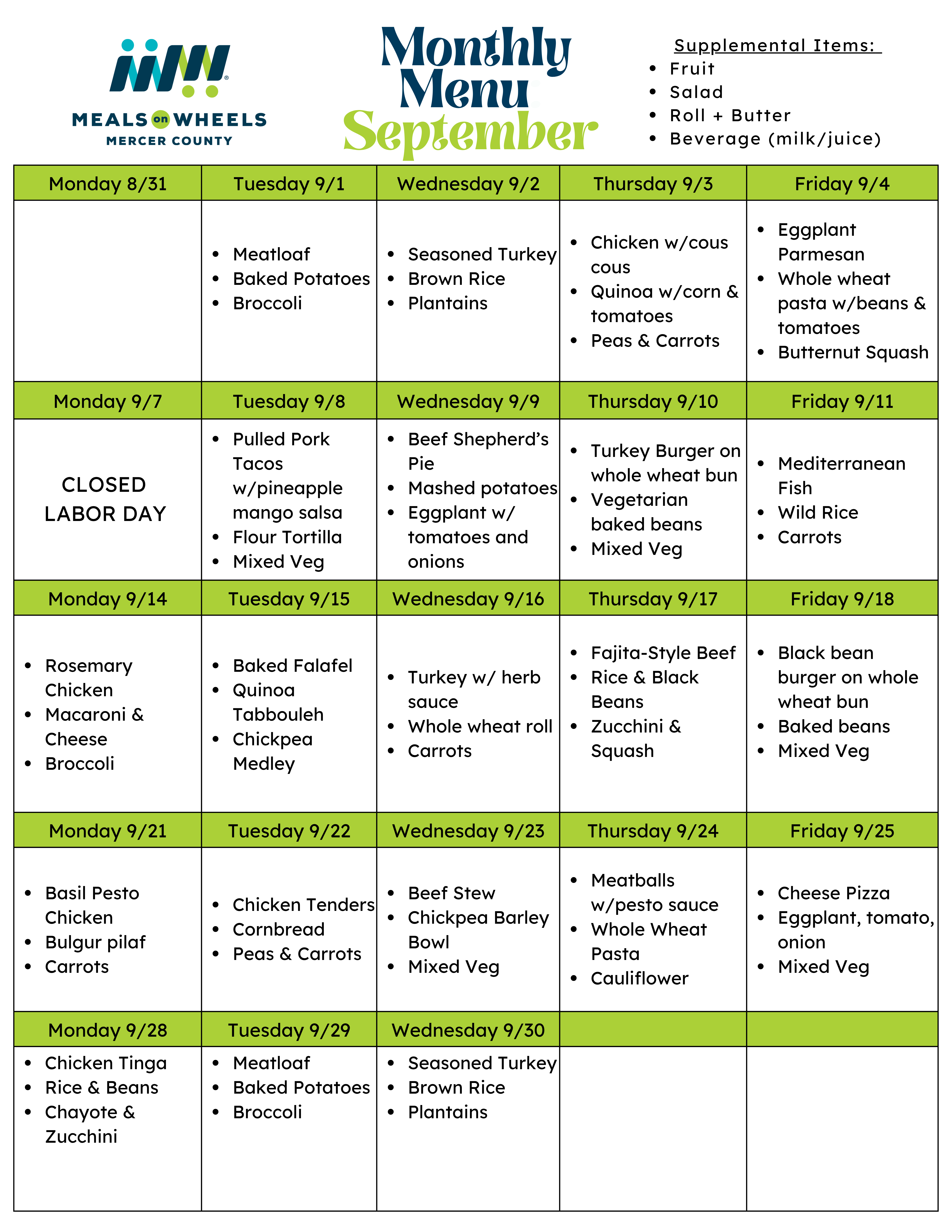 September 2026 menu